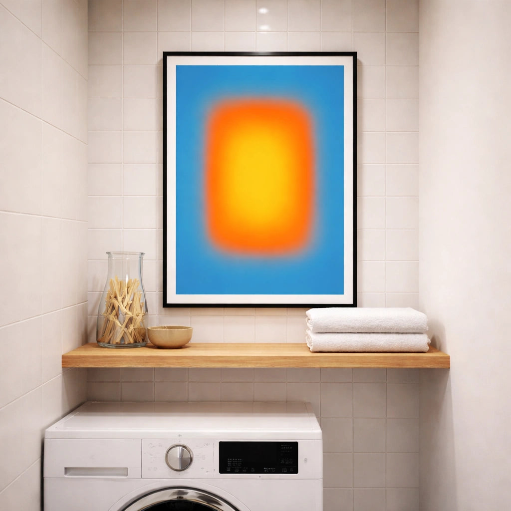 Modern laundry room with a colorful abstract painting on the wall.