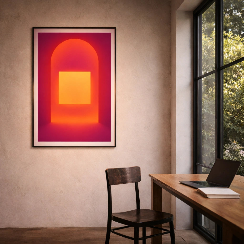 Modern interior with a colorful abstract painting on the wall, a wooden chair, and a desk with a laptop.