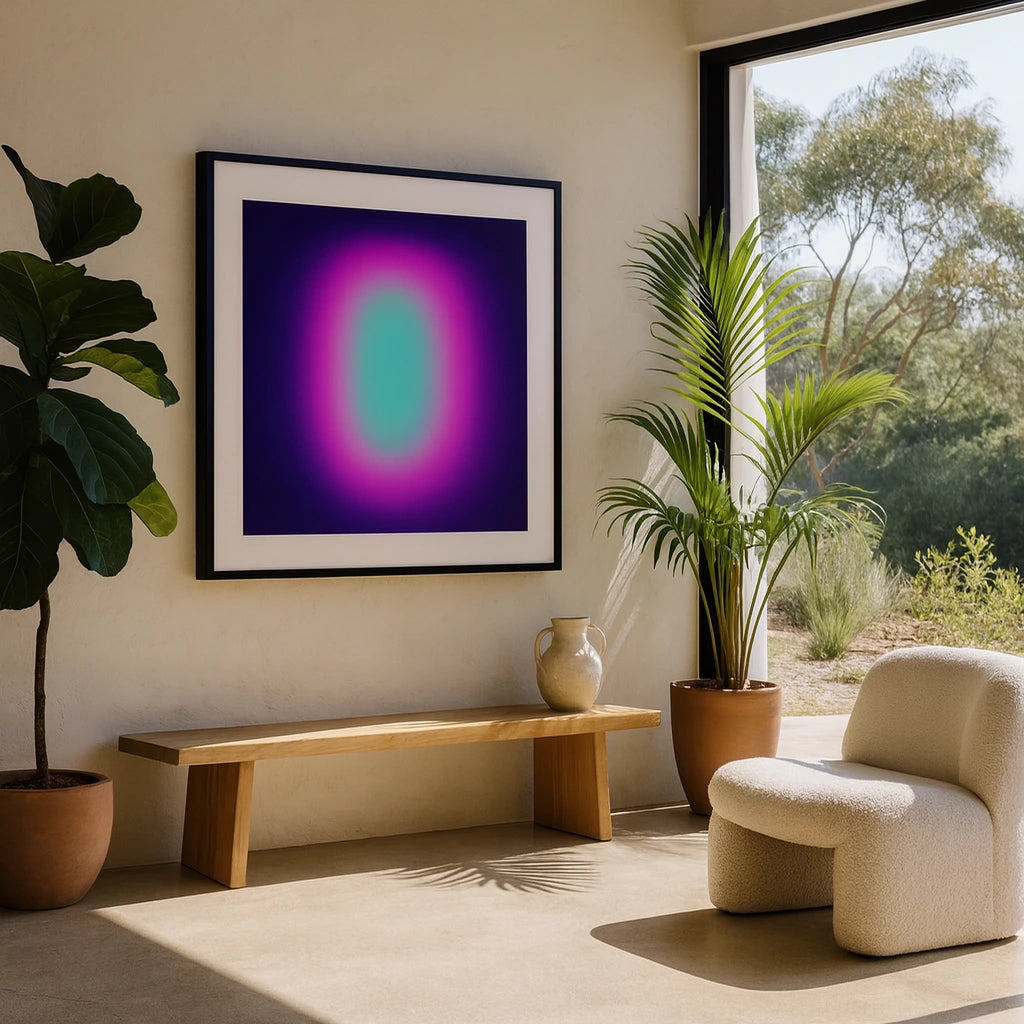 Modern interior with abstract art, wooden bench, and plants