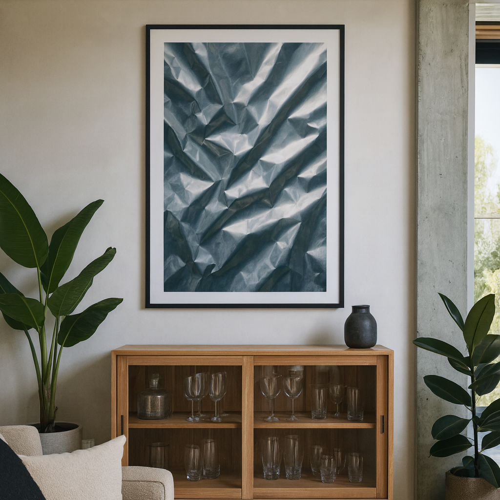 Framed abstract art on a wall above a wooden cabinet with glassware.
