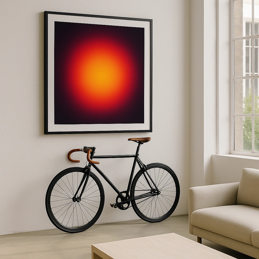 Bicycle leaning against a wall with a colorful abstract painting in a modern living room.