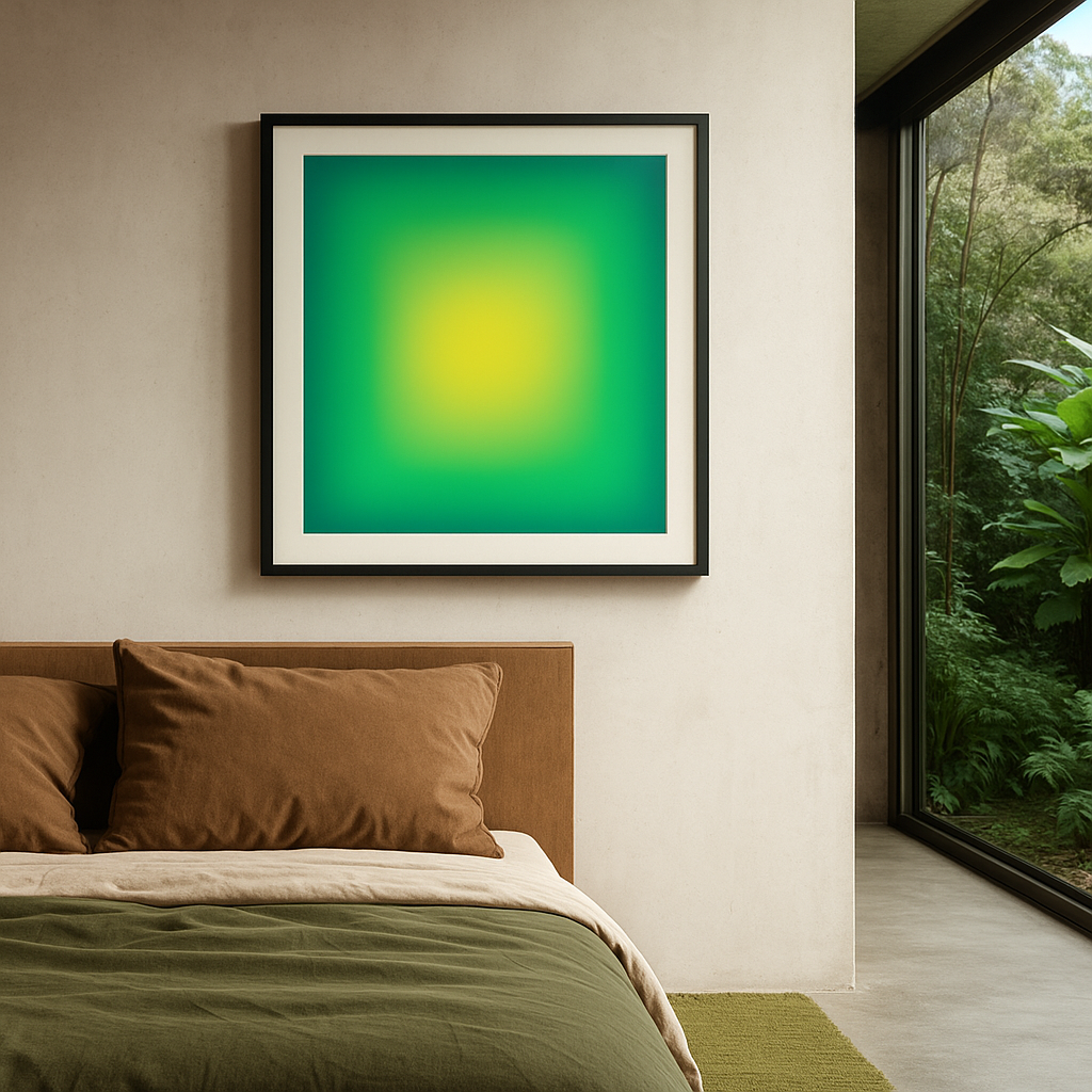 Framed abstract art on a wall above a bed with a view of greenery outside.