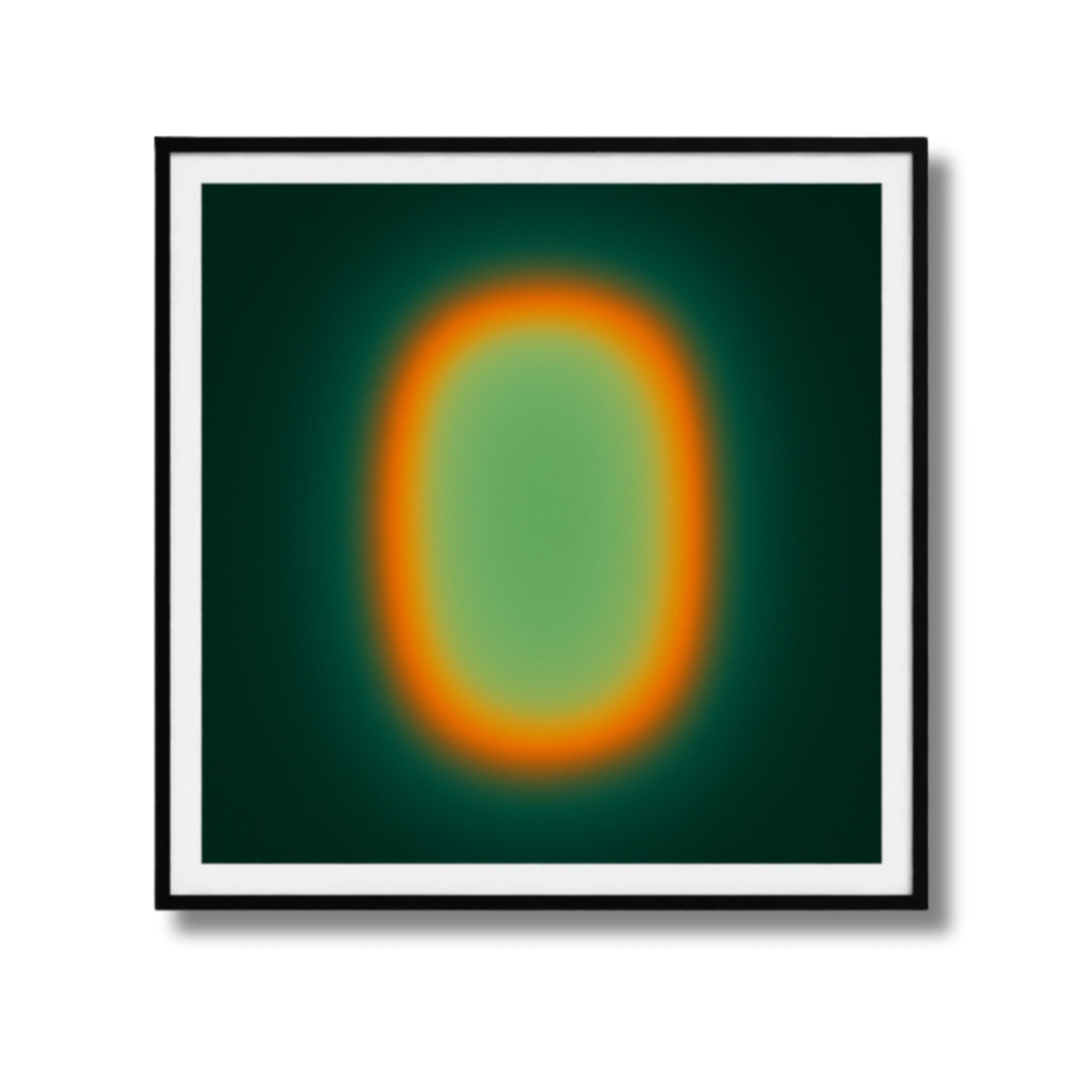 Framed abstract art with a circular gradient of colors on a dark background