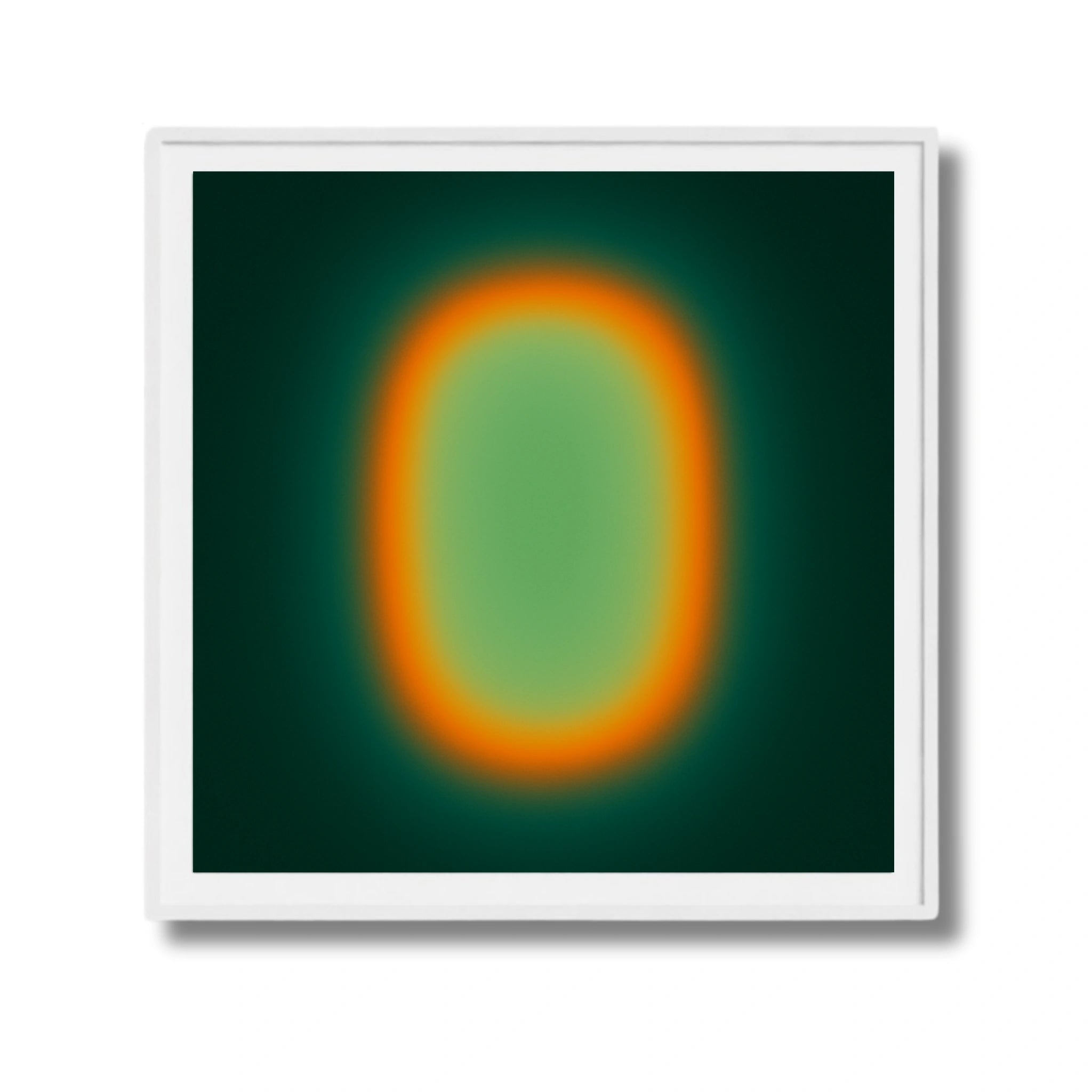 Framed abstract art with a gradient from orange to green on a dark background