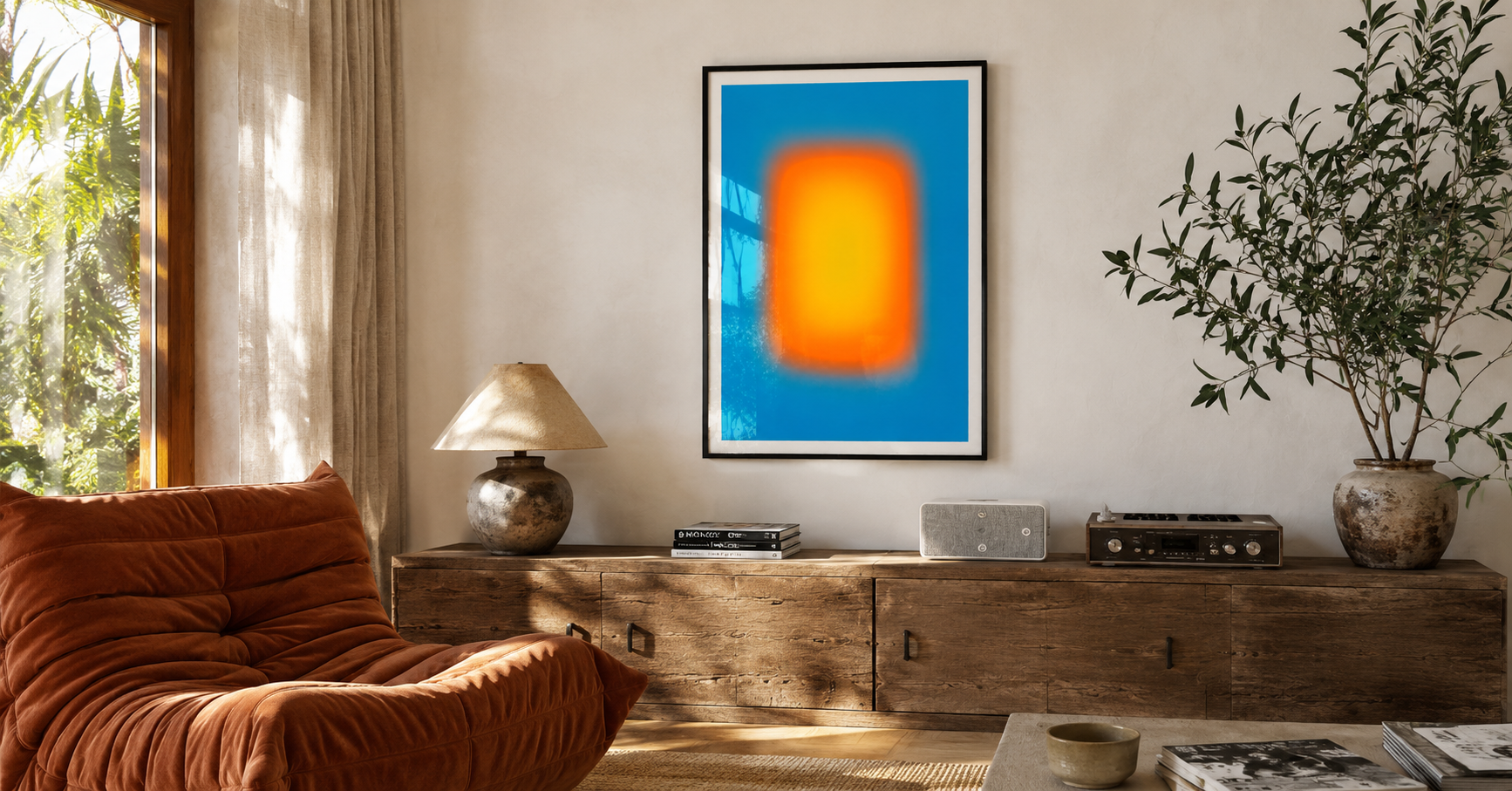 Minimalist blue orange and yellow abstract wall art in a hinterland beach home living room.
