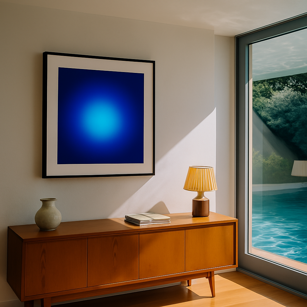 Modern interior with a wooden sideboard, lamp, and abstract blue painting.